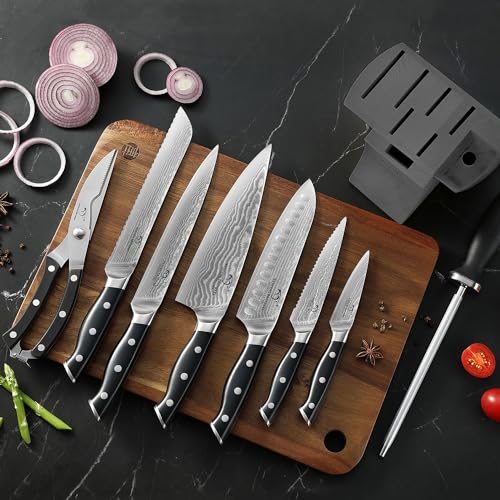 9PCS Damascus Chef Knife Set with Wooden Block