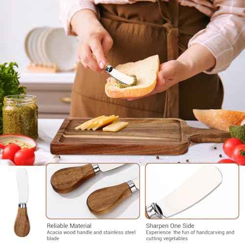 16set Acacia Wood Charcuterie Board with Knife Wooden Serving Tray with Groove Acacia Wood Cutting Board with Card and Gift Box for Wedding Baby Shower Housewarming Gift (16 Count)