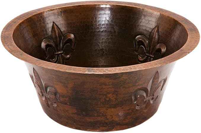 Premier Copper Products BR16FDB2 16-Inch Universal Round Copper with Fleur De Lis Bar Sink and 2-Inch Drain Size, Oil Rubbed Bronze