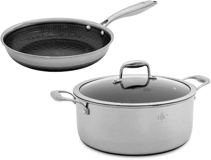 Hell's Kitchen Hybrid 3 Piece Essential Set, 9.5-inch Frying Pan, 5 Qt Pot and Tempered Glass Lid, Tri-Clad Stainless Steel and PFAS-Free Ceramic Nonstick, Metal Utensil Safe, All Cooktops, Oven Safe