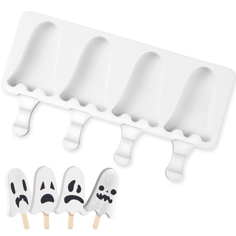 Halloween Ghost Shaped Mold Large 4 Cavity Reusable Silicone Cakesicle Cake Pop Ice Cream Mold for Halloween Adults Homemade Ice Cream Chocolate Candy DIY Trick Dessert Decorating