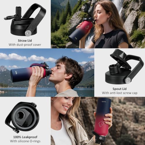 40 oz Insulated Water Bottle with Paracord Handle & Straw Spout Lids (40 Ounces / Ruby Red Navy)