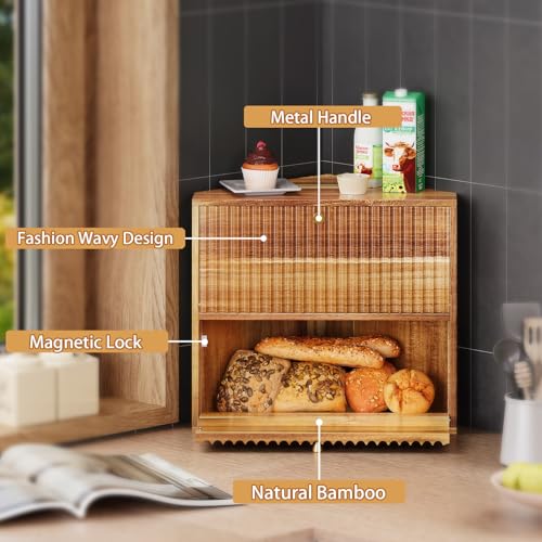 Acacia Corner Bread Box for Kitchen Countertop Wood Two Layer Large Capacity Bread Storage Bin Vintage Storage for Homemade Bread (Acacia Wood)