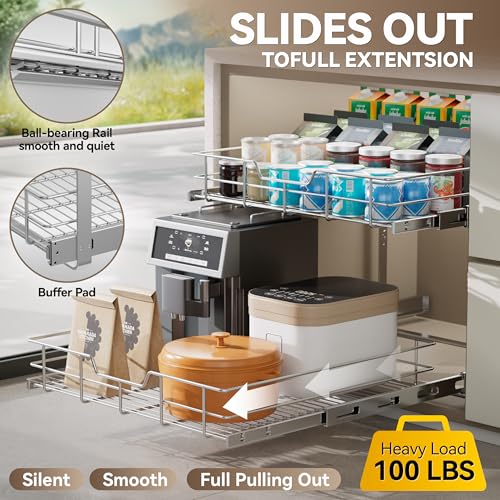2 Tier Pull Out Cabinet Organizer 24" W X 22" D (2 Tier - Chrome-Plated / 24" W X 22" D)