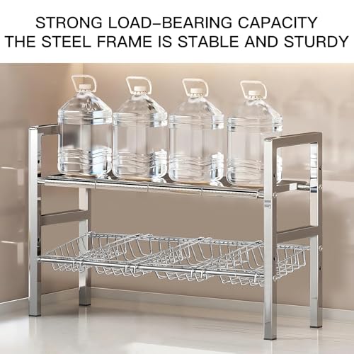 Large Under Sink Organizer 2 Tier Expandable Heavy Stainless Steel Shelf Adjustable Height for Under Kitchen Bathroom Sink Organizers and Storage (Large size: 4 panels 4 storage baskets)