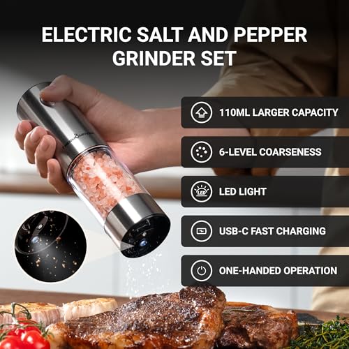 Upgraded Larger Capacity Electric Salt and Pepper Grinder Set (Large / Black + Silver)