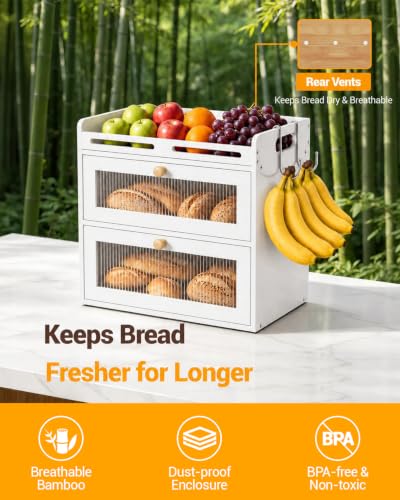 Bread Box for Kitchen Countertop (White / 2-Tier)