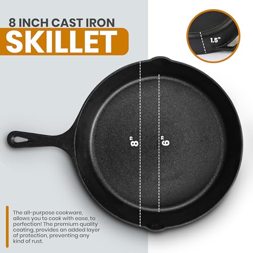 Cast Iron Skillet 8 Inch with Lid Chefs Frying Pan Black (8 inch / Black)