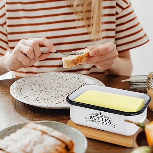 Bread Box with 3pcs Jars Coffee Sugar Tea for Kitchen Countertop White Metal Bread Box with Bamboo Board Cover Pastry Storage Container Set Kitchen decor (Bread Box with Butter Dish)