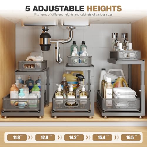 2 Pack Under Sink Storage Organizer with 2 (Gun Gray / 2 Pack-15.4"Dx11.8"-16.5"H)