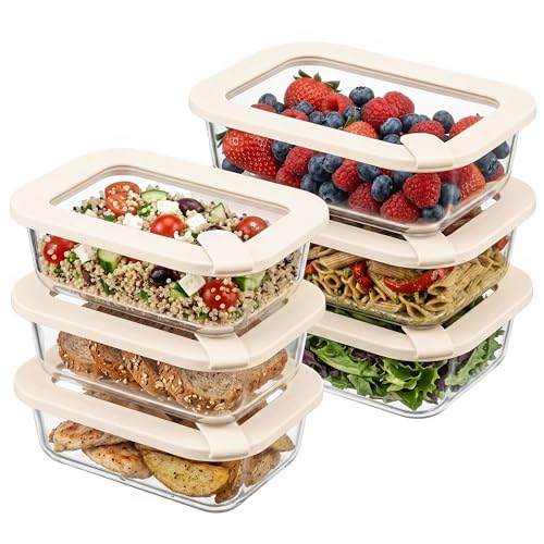 Glass Food Storage Containers with Glass Lids (Ivory White - 6RT)