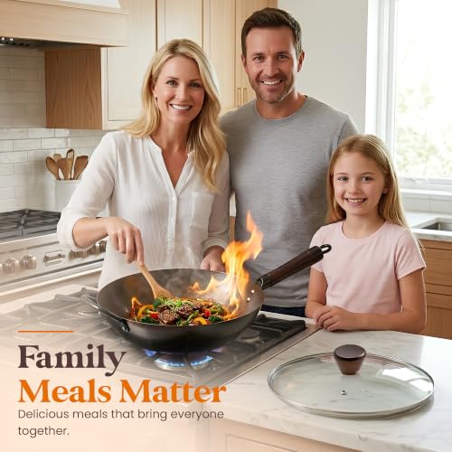 Carbon Steel Wok with Lid Ceramic Nonstick Flat Bottom Wok Pan Induction Compatible Stir Fry Wok Beech Wood Handle Glass Lid Healthy Cooking Wok for Gas Electric Ceramic Halogen Cooktops (13.4" (34cm))