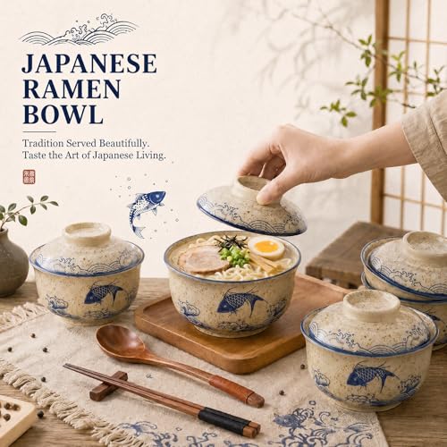25oz Ramen Bowls Set of 4 Japanese Dinnerware Set with Lid (Fish)