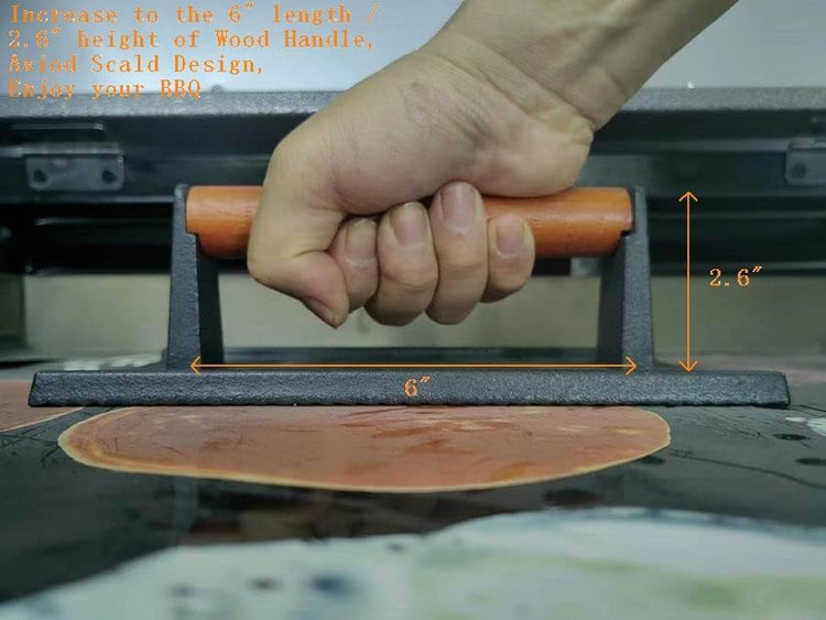 8.3"×4.3" Heavy-Duty Cast Iron Grill Burger Press and Meat Steak with Wood Handle for Blackstone Camp Chef Pitboss Weber Griddle Grills (Rectangle)