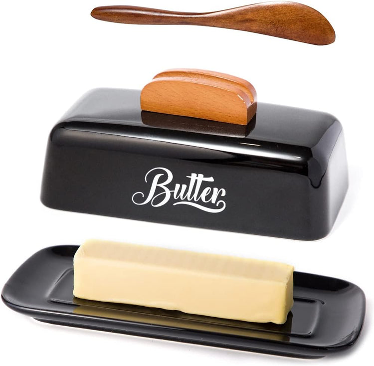 Black Butter Dish with Lid and Knife,Black Butter Tray,Ceramic Butter Holder for Counter Humanized Clamp-able Knife Handle Design Perfect for East West Coast Butter