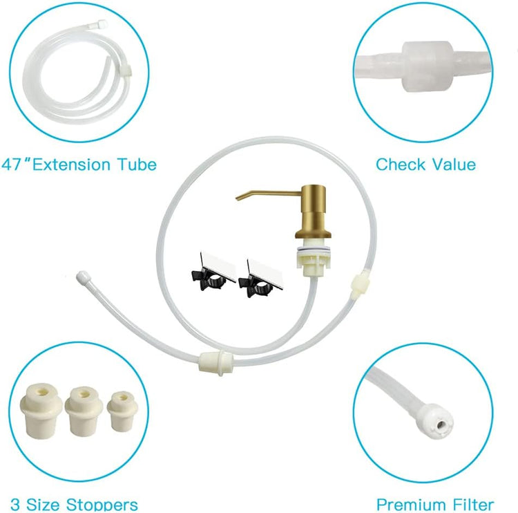 Dish Soap Dispenser for Kitchen Sink, Countertop Sink Soap Dispenser Water Pump with 47” No-Spill Extension Tube Kit Design for Kitchen Bathroom, Easy to Press, No More Refills (Golden)
