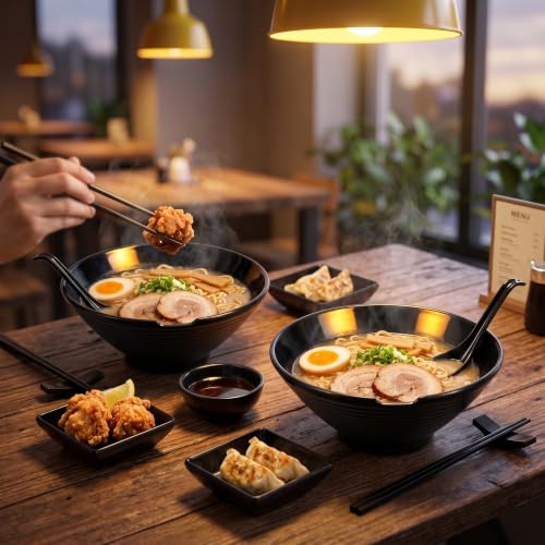 Unbreakable Melamine Ramen Bowl Set (2 piece set) (Black / Set-2)