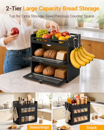 Bread Box for Kitchen Countertop (Black / 2-Tier)