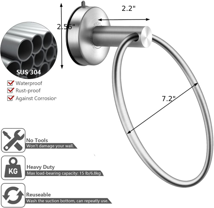 DGYB Suction Cup Hand Towel Ring Brushed Nickel Hand Towel Holder for Bathroom Wall SUS 304 Stainless Steel Kitchen Towel Hanger