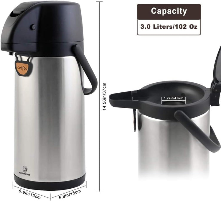 Airpot Coffee Dispenser Thermal with Pump,3L/102 Oz Insulated Stainless Steel Large Airpot Coffee Carafe Lever Action for Hot/Cold Water,Thermal Carafe for Hot Cocoa for Parties