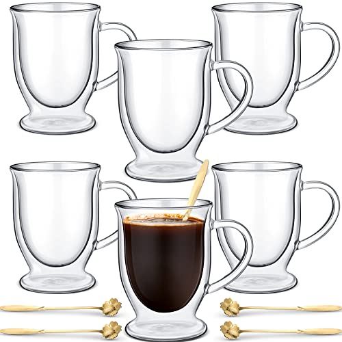6 Sets Double Wall Glass Coffee Mugs with Spoon Insulated Clear Coffee Mug with Handle Borosilicate Glass Coffee Cups Latte Cup for Cappuccino (12 OZ)
