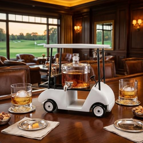 Luxury Golf Cart Whiskey Decanter Set with 2 Golfer Glasses