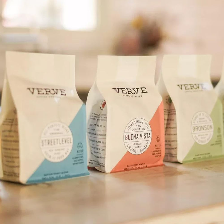 Verve Coffee Roasters Whole Bean Coffee Bronson Blend | French Dark Roast, Direct Trade, Resealable Pouch | Enjoy Hot or Cold Brew | Ideal for French Press | 12oz Bag
