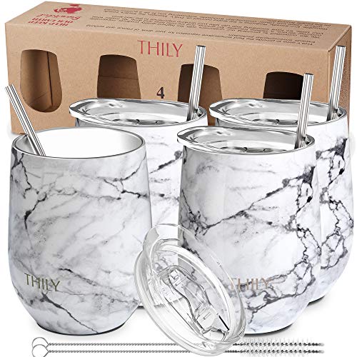 Stainless Steel Stemless Wine Tumbler 4 Pack Vacuum Insulated Travel Wine Glasses Set with Sliding Lids and Straws (4 Pack - White Marble / 4 Count (Pack of 1))