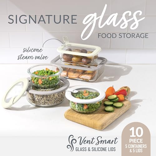 Signature Glass Food Storage Containers with Lids (10-Piece Set (White Stone))