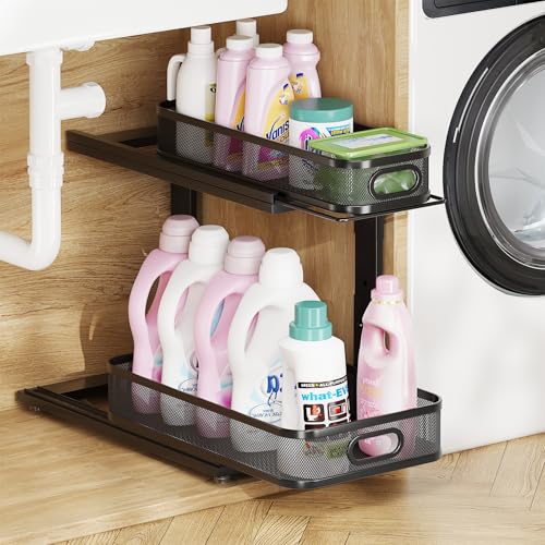 1 Pack 16"D Under Sink Storage Organizer with 2 (Black / 1 Pack-15.4"Dx11.8"-16.7"H)