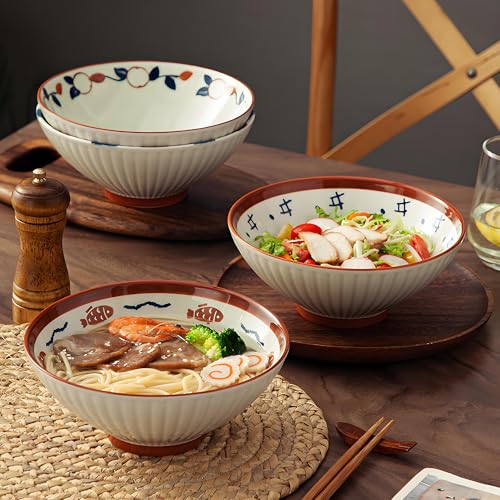 8 Inch 38OZ Ceramic Ramen Soup Bowl Set of 4 with spoons (Brown and White)