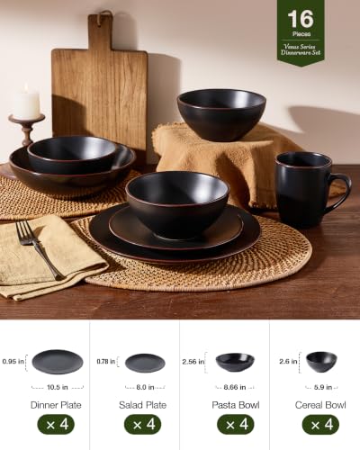 Venus Stoneware Dinnerware Sets with Pasta Bowls (Black / Serves 4 (16pc w/ Pasta Bowl))