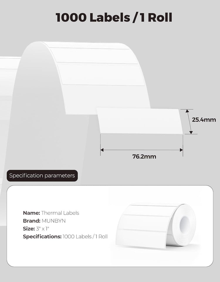 MUNBYN 3x1 Inch White Thermal Labels, Strong Adhesive, Thermal Sticker Labels for Price, Mailing, Name, 1000 Sheets/1 Roll
