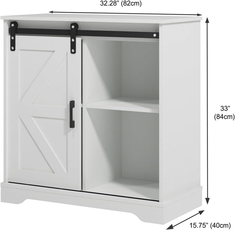 Panana Sliding Barn Door Buffet Sideboard Storage Cabinet Coffee Bar Kitchen Farmhouse Style (White)