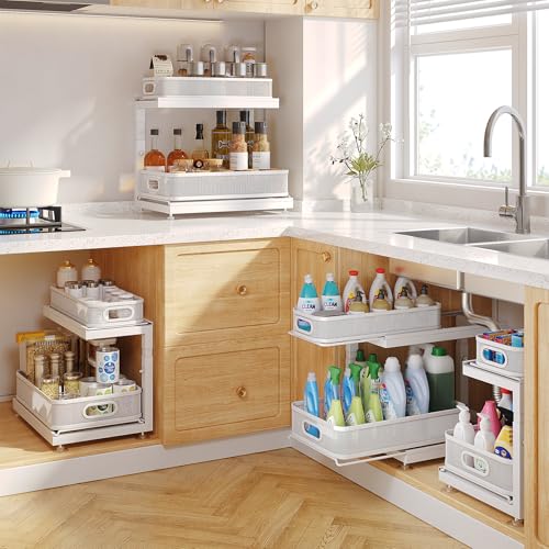 2 Pack Under Sink Storage Organizer with 2 (White / 2 Pack-15.4"Dx11.8"-16.5"H)