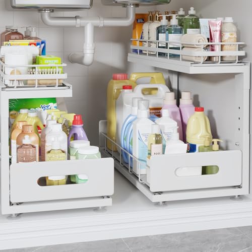 Under Sink Organizer Upgrade To Professional Rails (White / 2 Pack-18.5"Dx12.8"-16.9"H)