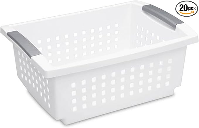 Sterilite Stackable Storage Bin and Organization Basket with Flip Down Accent Rails for Home and Household Organization, Medium, White (20 Pack)