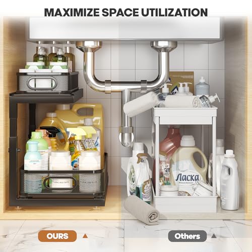 1 Pack 16"D Under Sink Storage Organizer with 2 (Black / 1 Pack-15.4"Dx11.8"-16.7"H)
