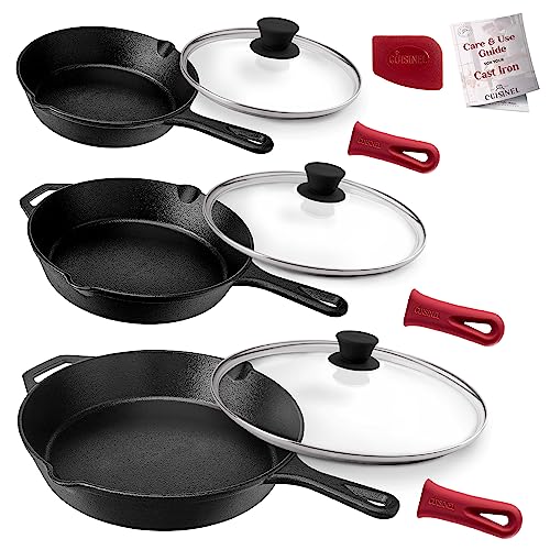 Cast Iron Skillets Set + Glass Lids (8"+10"+12")
