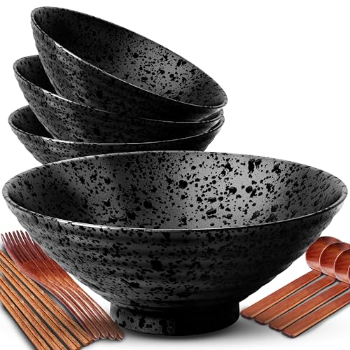 8 Inch Ramen Bowl Set 4 Large Japanese Bowls Ceramic Microwavable 16pcs (Black / 8 INCH 4 Set)
