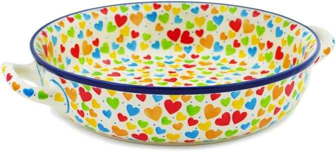 Polmedia Polish Pottery Round Baker with Handles 10-inch UNIKAT - In Love With Love Pattern Handmade in Boleslawiec Poland by Ceramika Artystyczna + Certificate of Authenticity