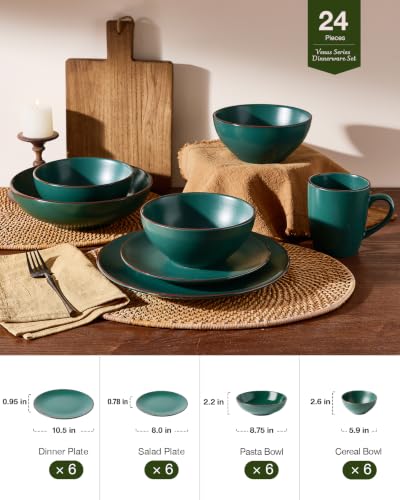 Venus Stoneware Dinnerware Sets with Pasta Bowls (Dark Green / Serves 6 (24pc w/ Pasta Bowl))