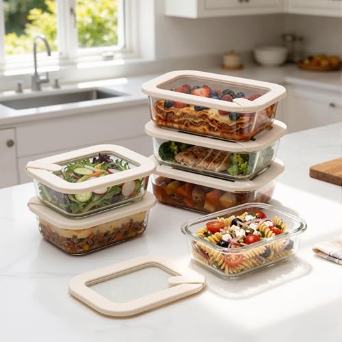 Glass Food Storage Containers with Glass Lids (Ivory White - 6RT)