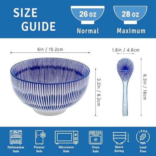 28Oz Ceramic Soup Ramen Bowl Set of 6 with Spoon Gift Box (6in-Dense-lined-6)