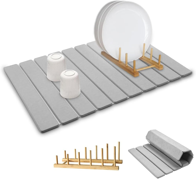 Stone Dish Drying Mats for Kitchen Counter,24×16 IN,Foldable Dish Drying Mat,Equipped Dish Rack,Strong Water Absorption,Diatomaceous Earth Material,Suitable for Plates,Cups and Any Kitchen Utensils