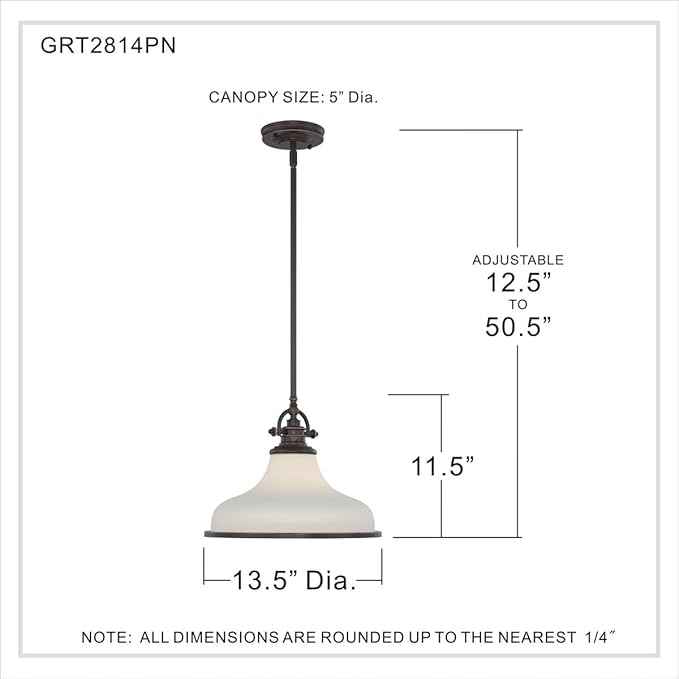 Quoizel Grant 13.5" Pendant Light, Palladian Bronze with Opal Etched Glass, 13"–51" Adjustable Height for Kitchen Island or Table