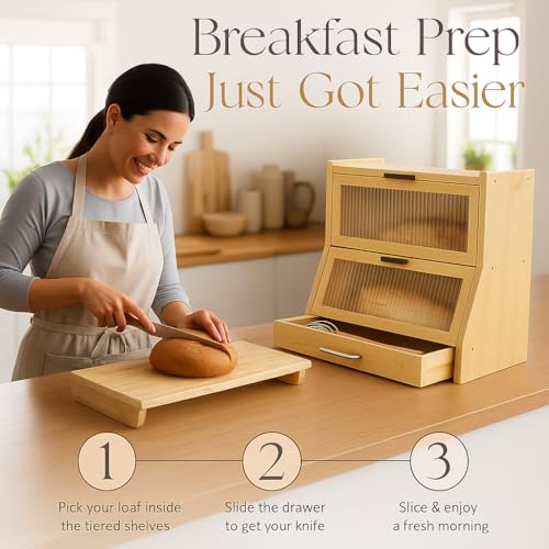 Bread Box for Kitchen Countertop (Natural Wood)