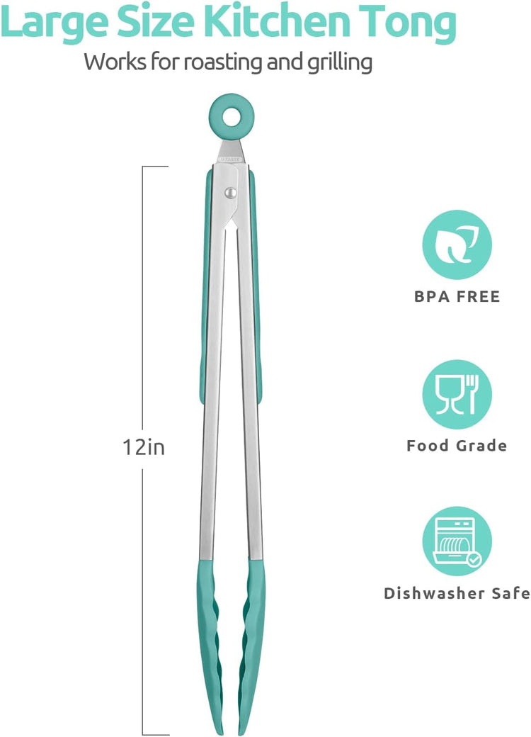 600ºF Heat Resistant Kitchen Tongs: U-Taste 12 in Large Silicone Cooking Tong with Sturdy Non Stick Rubber Tips & Silicon Coated 18/8 Stainless Steel Handle & Smooth Locking for Serving Grill-Aqua Sky
