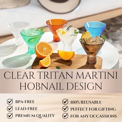 Plastic Hobnail Martini & Cocktail Drinking Glasses Set of 6 Clear Cups 14oz