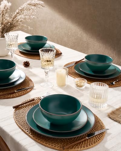 Venus Stoneware Dinnerware Sets with Pasta Bowls (Dark Green / Serves 4 (16pc w/ Pasta Bowl))